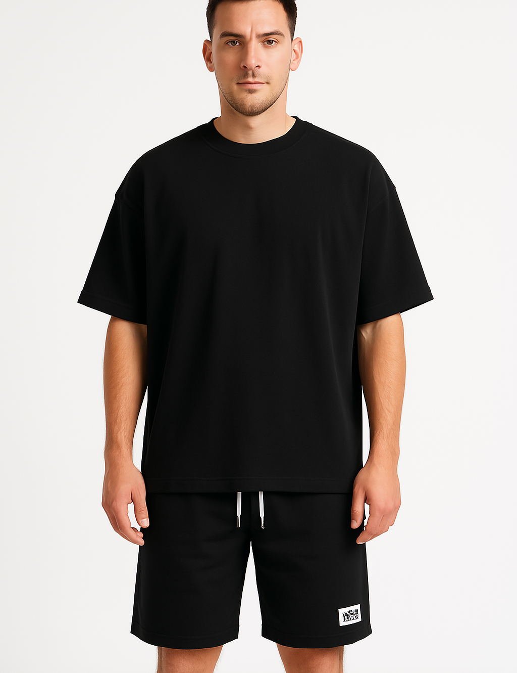 Uomo in t-shirt nera oversize e pantaloncini neri, sfondo bianco. Abbigliamento casual maschile, moda estiva, stile minimalista.