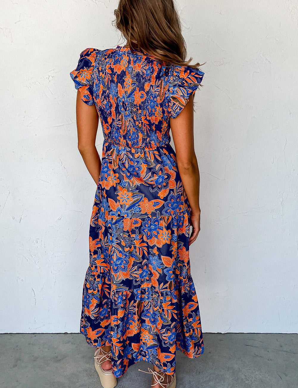 Chic Boho Floral Ruffle Dress with V-Neckline - Lizabella Fashion -  -  - Chic Boho Floral Ruffle Dress with V-Neckline - Lizabella Fashion - #tag1# - #tag2#