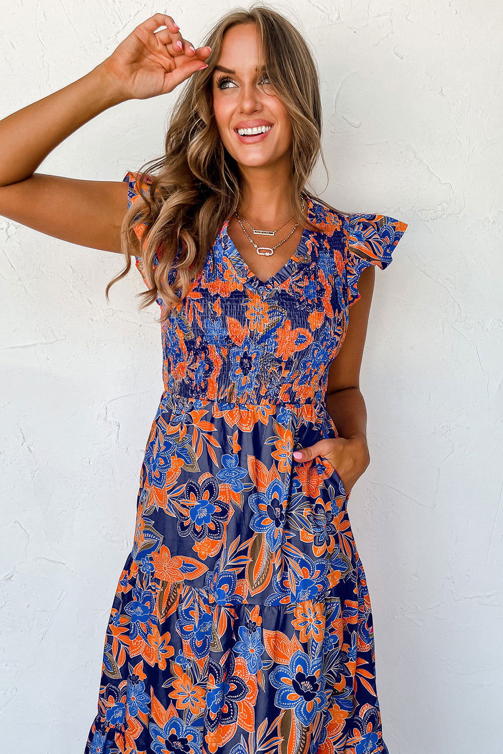Chic Boho Floral Ruffle Dress with V-Neckline - Lizabella Fashion -  -  - Chic Boho Floral Ruffle Dress with V-Neckline - Lizabella Fashion - #tag1# - #tag2#
