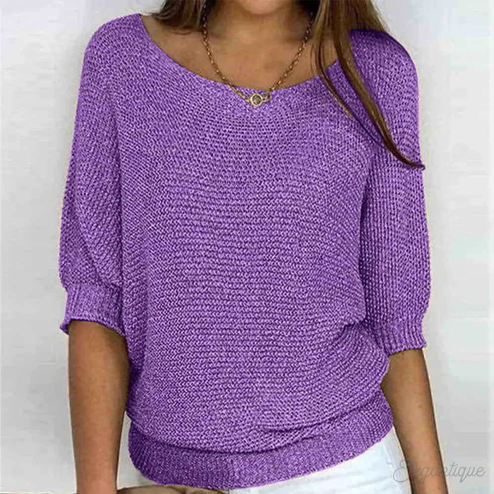 Maglione donna viola a maniche corte, scollo a barca, tessuto lavorato a maglia, stile casual, perfetto per moda autunnale e invernale.