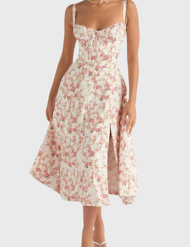 Abito estivo donna floreale bianco e rosa, scollatura a cuore, spalline sottili, lunghezza midi, spacco frontale, perfetto per occasioni eleganti.