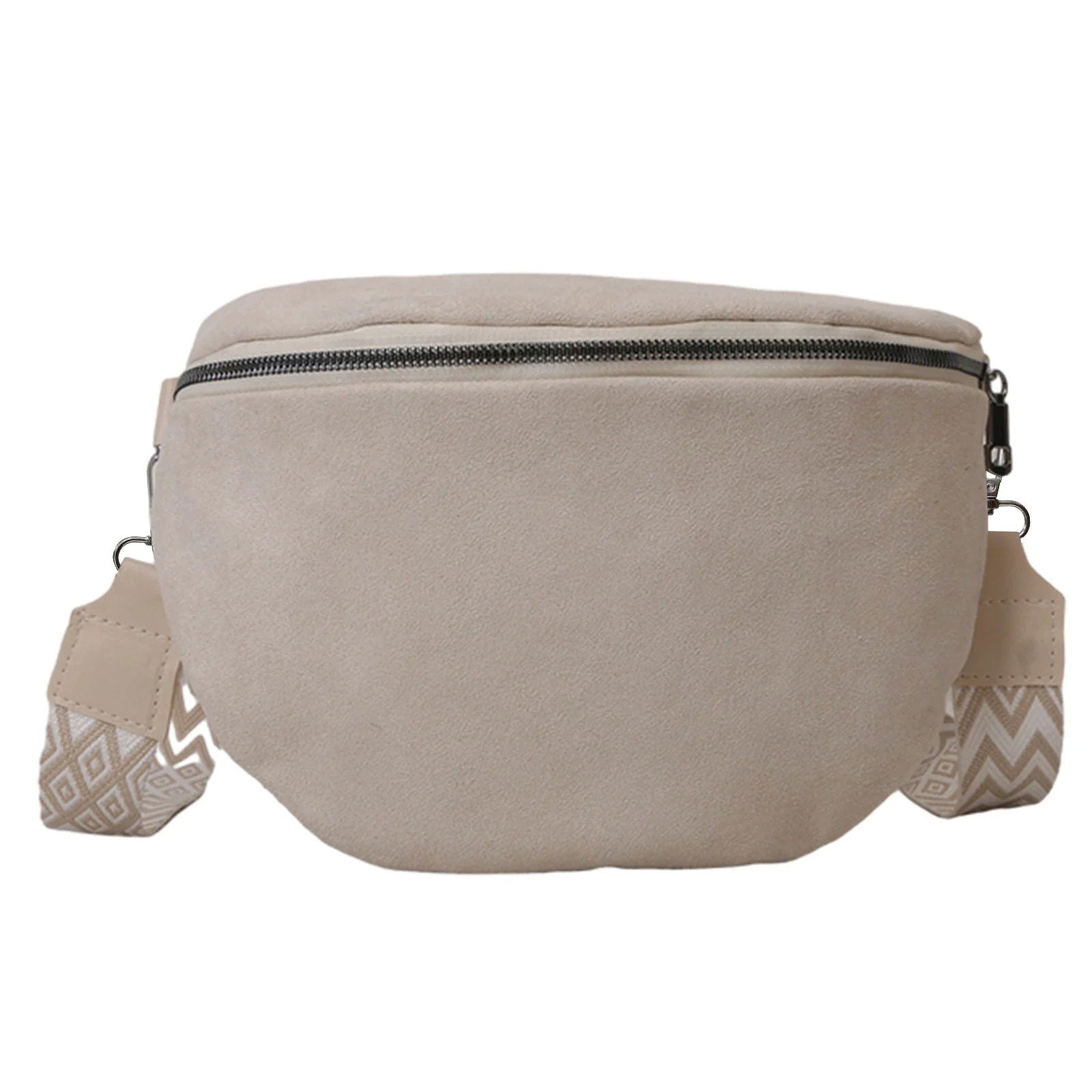 Marsupio beige in pelle scamosciata con cerniera, tracolla regolabile con motivo geometrico. Accessorio moda unisex, pratico e versatile.