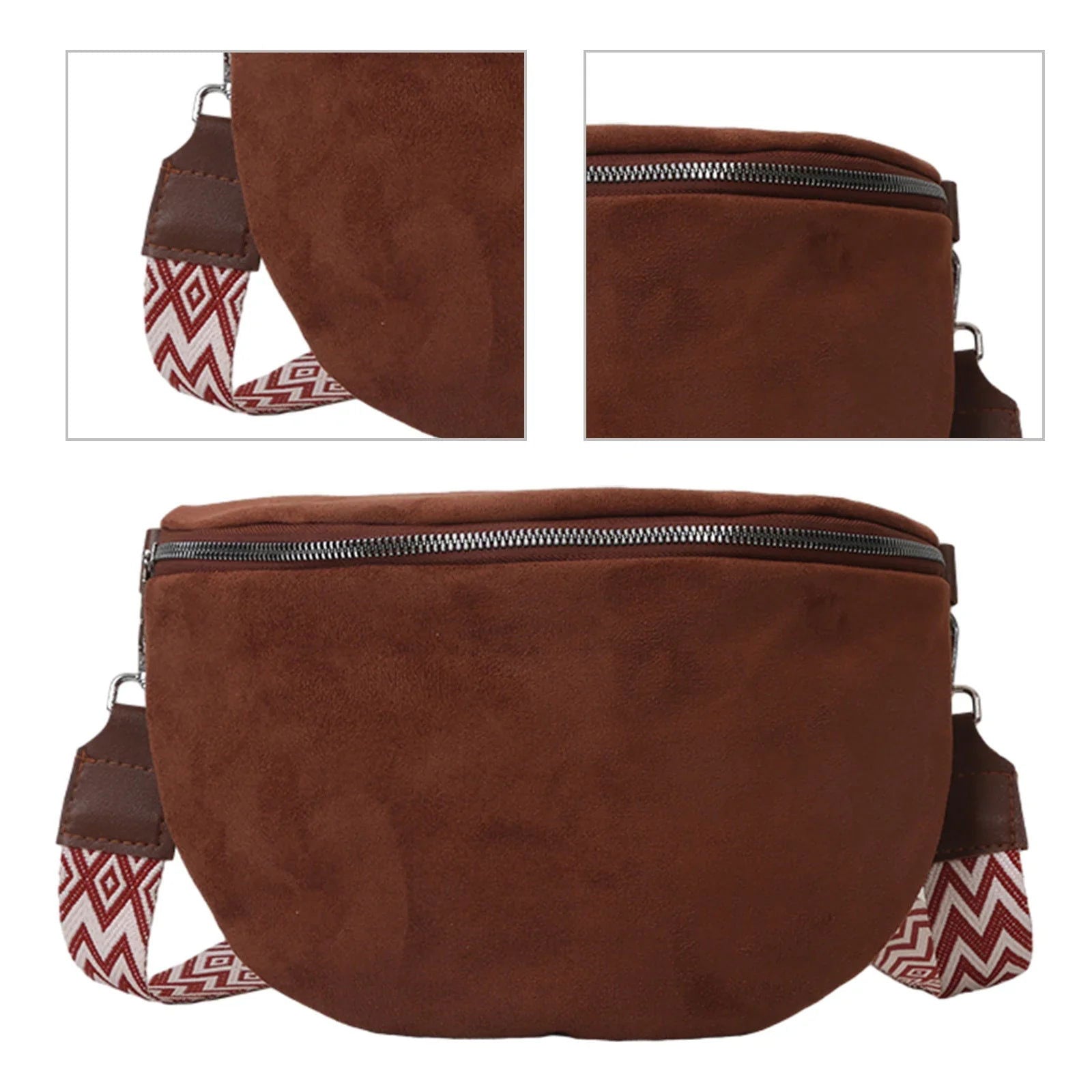 Borsa a tracolla in pelle scamosciata marrone con cerniera, dettagli cinturino geometrico rosso e bianco. Accessorio moda donna elegante e pratico.