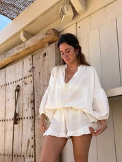 Chic V-Neck Blouse & Ruffle Shorts Ensemble by ZARA - Lizabella Fashion -  -  - Chic V-Neck Blouse & Ruffle Shorts Ensemble by ZARA - Lizabella Fashion - #tag1# - #tag2#