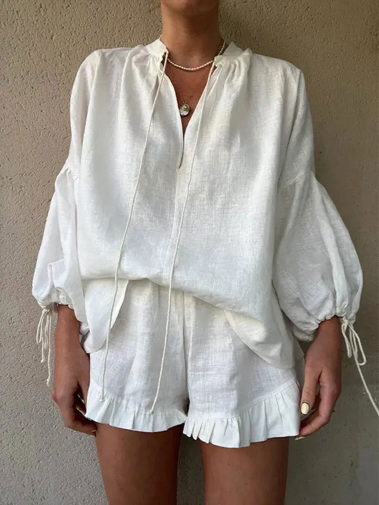 Chic V-Neck Blouse & Ruffle Shorts Ensemble by ZARA - Lizabella Fashion -  -  - Chic V-Neck Blouse & Ruffle Shorts Ensemble by ZARA - Lizabella Fashion - #tag1# - #tag2#