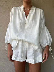 Chic V-Neck Blouse & Ruffle Shorts Ensemble by ZARA - Lizabella Fashion -  -  - Chic V-Neck Blouse & Ruffle Shorts Ensemble by ZARA - Lizabella Fashion - #tag1# - #tag2#