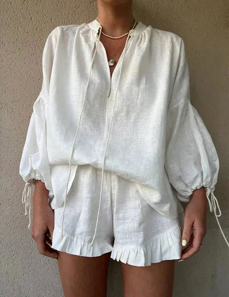 Chic V-Neck Blouse & Ruffle Shorts Ensemble by ZARA - Lizabella Fashion -  -  - Chic V-Neck Blouse & Ruffle Shorts Ensemble by ZARA - Lizabella Fashion - #tag1# - #tag2#