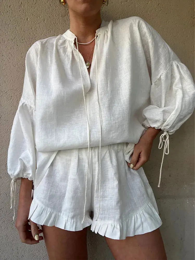 Chic V-Neck Blouse & Ruffle Shorts Ensemble by ZARA - Lizabella Fashion -  -  - Chic V-Neck Blouse & Ruffle Shorts Ensemble by ZARA - Lizabella Fashion - #tag1# - #tag2#