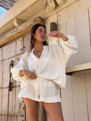 Chic V-Neck Blouse & Ruffle Shorts Ensemble by ZARA - Lizabella Fashion -  -  - Chic V-Neck Blouse & Ruffle Shorts Ensemble by ZARA - Lizabella Fashion - #tag1# - #tag2#