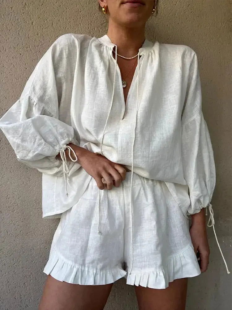 Chic V-Neck Blouse & Ruffle Shorts Ensemble by ZARA - Lizabella Fashion -  -  - Chic V-Neck Blouse & Ruffle Shorts Ensemble by ZARA - Lizabella Fashion - #tag1# - #tag2#
