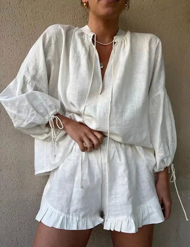 Chic V-Neck Blouse & Ruffle Shorts Ensemble by ZARA - Lizabella Fashion -  -  - Chic V-Neck Blouse & Ruffle Shorts Ensemble by ZARA - Lizabella Fashion - #tag1# - #tag2#