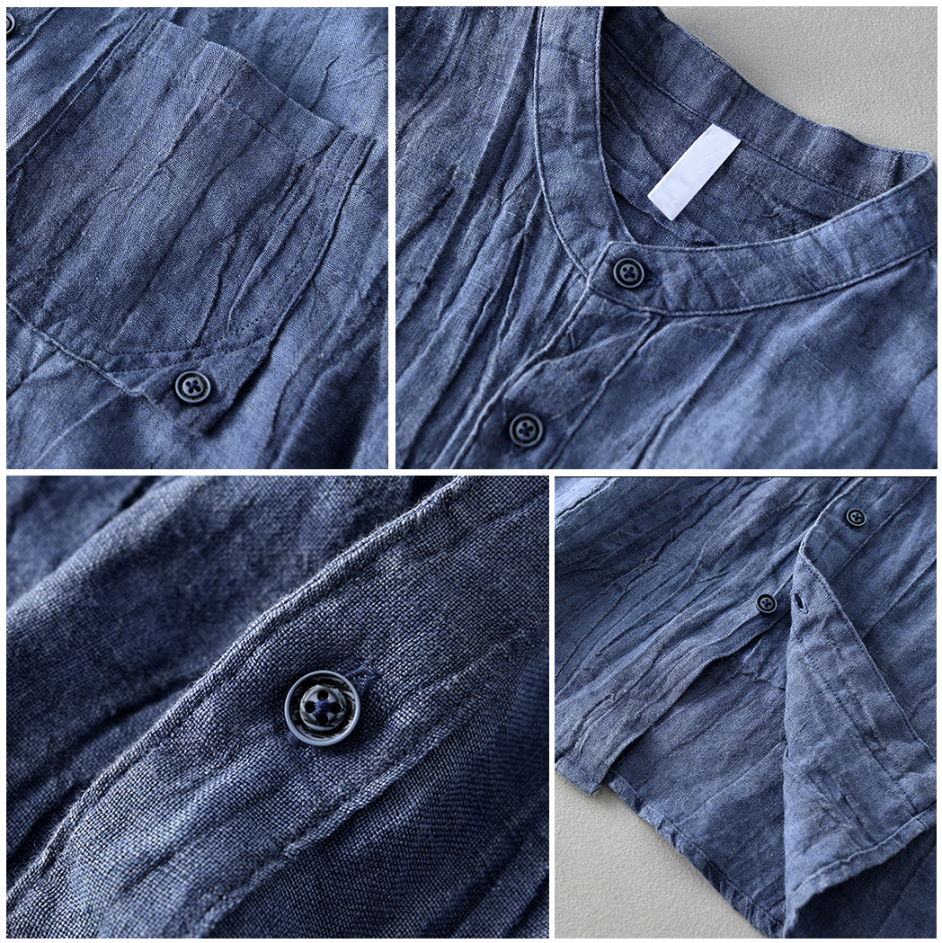 Camicia in lino blu scuro con dettagli di bottoni, tasca frontale e tessuto a pieghe. Moda uomo, abbigliamento estivo elegante e casual.