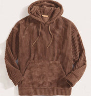 Felpa con cappuccio in velluto a coste marrone, tasca frontale, maniche lunghe, stile casual, ideale per l'autunno e l'inverno.