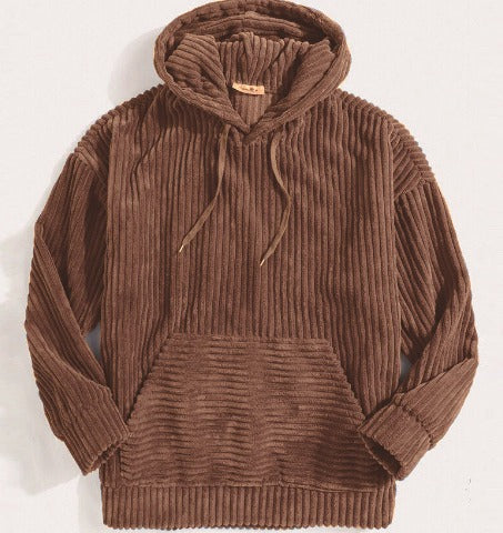 Felpa con cappuccio in velluto a coste marrone, tasca frontale, maniche lunghe, stile casual, ideale per l'autunno e l'inverno.