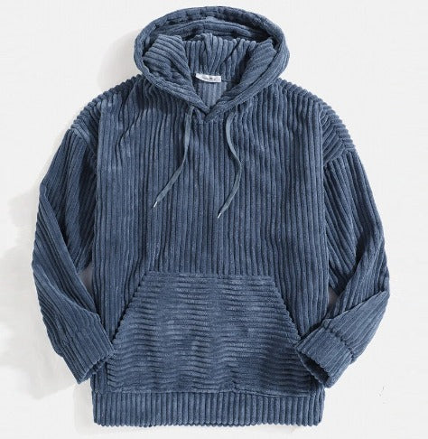Felpa con cappuccio in velluto a coste blu, tasca frontale, maniche lunghe, design casual, ideale per moda autunnale e invernale.