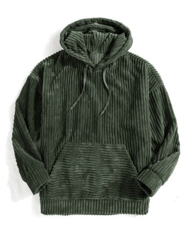 Felpa con cappuccio verde in velluto a coste, tasca frontale, maniche lunghe. Moda casual, abbigliamento autunnale, stile confortevole.