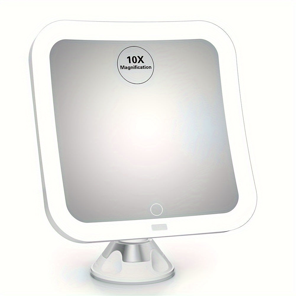 Specchio ingranditore 10x con luce LED, design quadrato, base regolabile, ideale per trucco e cura del viso, accessorio bagno moderno.