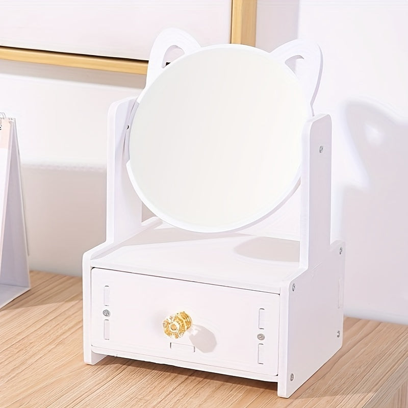 Specchio da tavolo con orecchie di gatto, design moderno, struttura in legno bianco, cassetto con maniglia dorata, ideale per camera da letto.