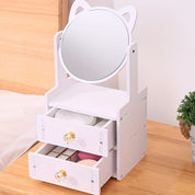 Specchio da tavolo con orecchie di gatto, bianco, con due cassetti per cosmetici. Design compatto, ideale per camera da letto o bagno.