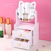 Specchio da tavolo con orecchie di gatto, cassetti portaoggetti, maniglie in cristallo, design moderno, ideale per trucco e organizzazione cosmetici.