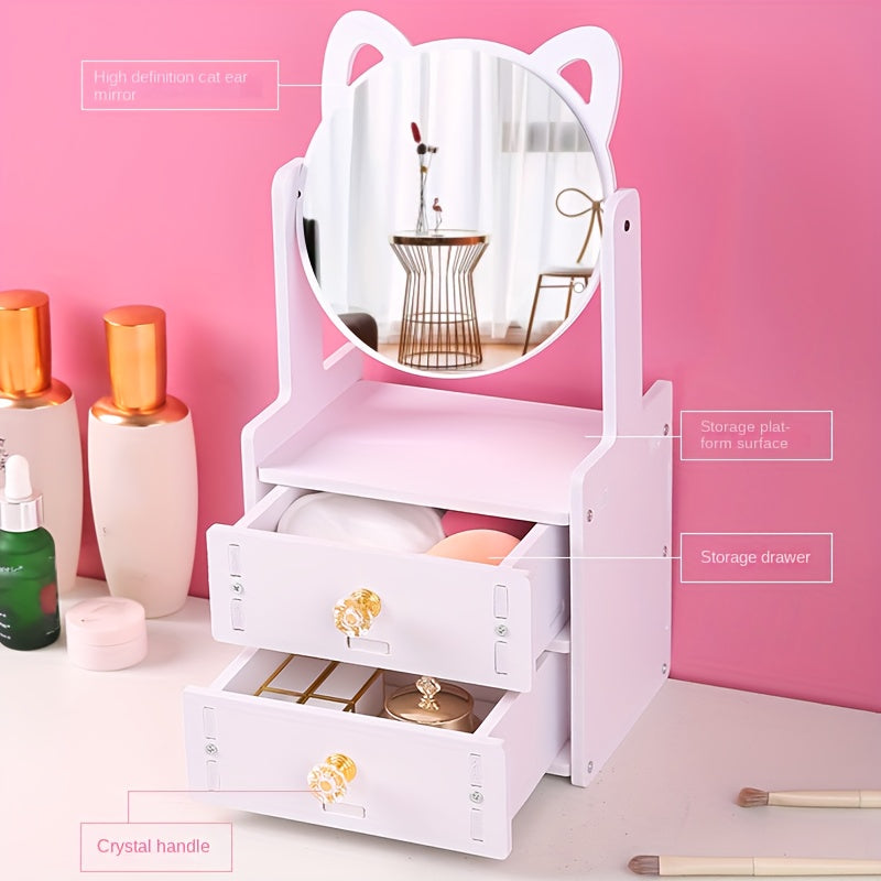 Specchio da tavolo con orecchie di gatto, cassetti portaoggetti, maniglie in cristallo, design moderno, ideale per trucco e organizzazione cosmetici.
