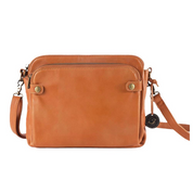 Borsa a tracolla in pelle marrone chiaro, design elegante con cerniera e tasche frontali, ideale per moda donna e accessori di tendenza.