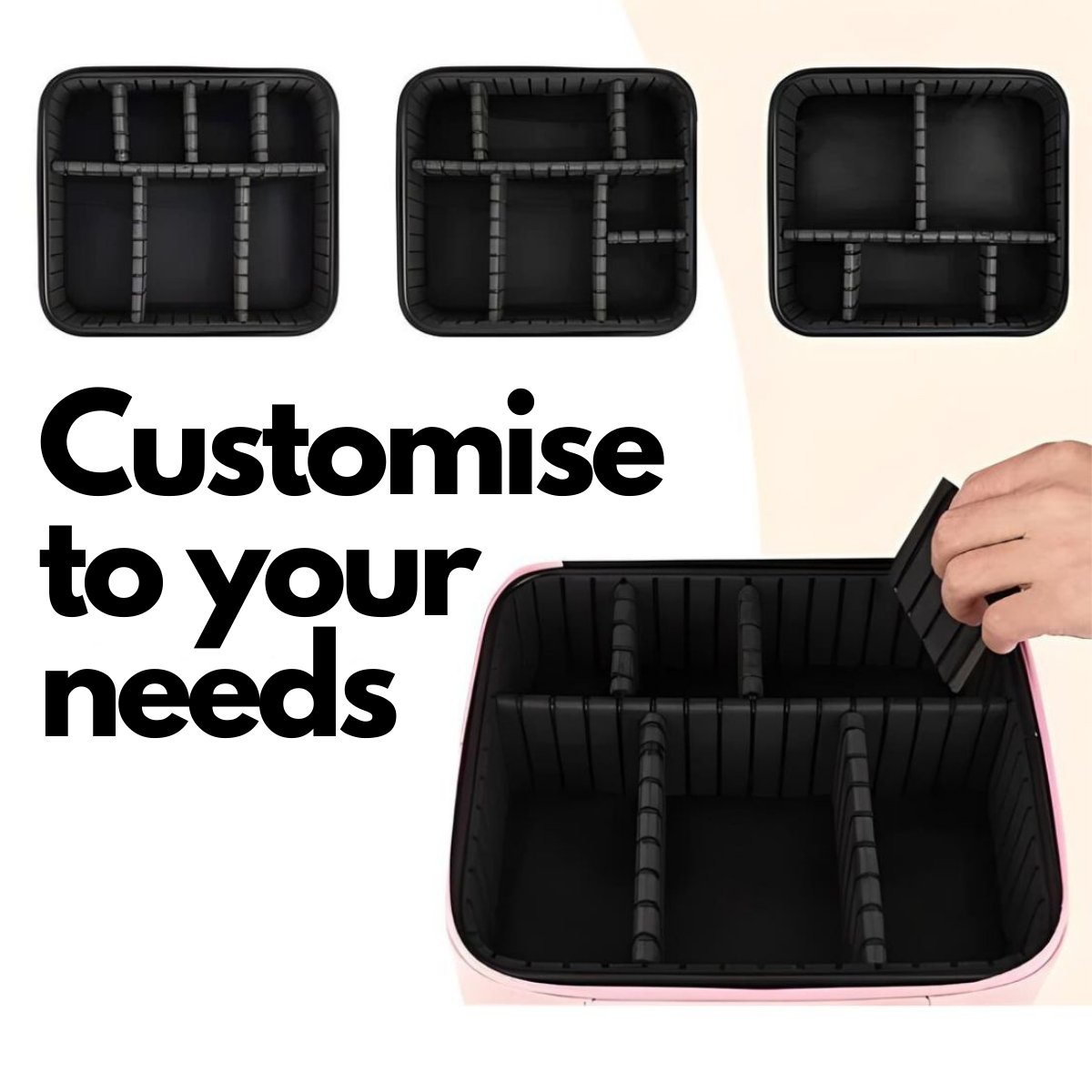 Organizer per cassetti nero regolabile, divisori modulari, personalizzabile, ideale per cucina, ufficio, bagno, ottimizzazione spazio.