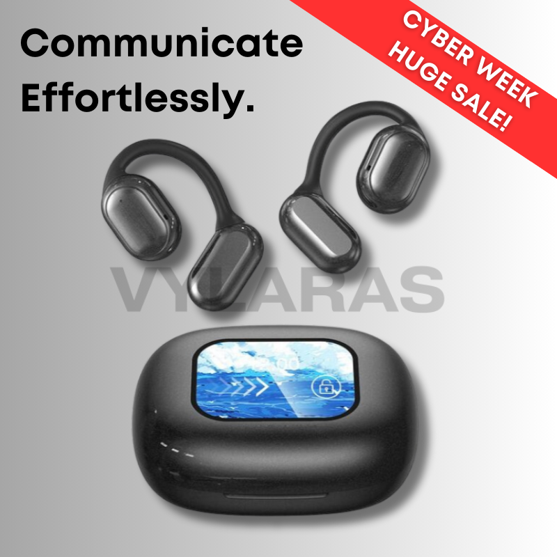 Auricolari wireless neri con custodia di ricarica, display digitale. Offerta Cyber Week. Tecnologia audio avanzata, design ergonomico.