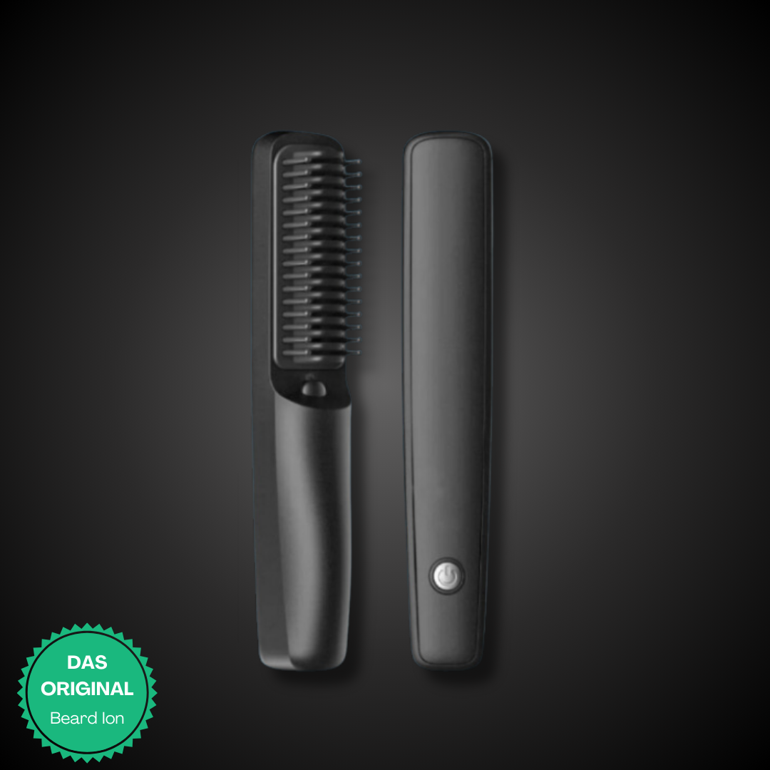 Pettine lisciante per barba nero, design elegante, con pulsante di accensione. Ideale per styling barba, cura personale maschile.
