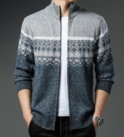 Giacca cardigan uomo invernale, motivo nordico, grigio e blu, chiusura zip, collo alto, maglia calda, moda casual, ideale per l'autunno inverno.