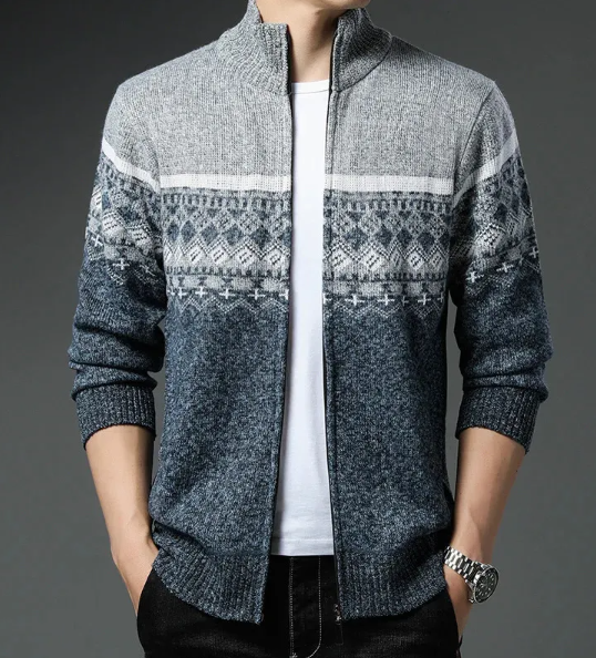 Giacca cardigan uomo invernale, motivo nordico, grigio e blu, chiusura zip, collo alto, maglia calda, moda casual, ideale per l'autunno inverno.