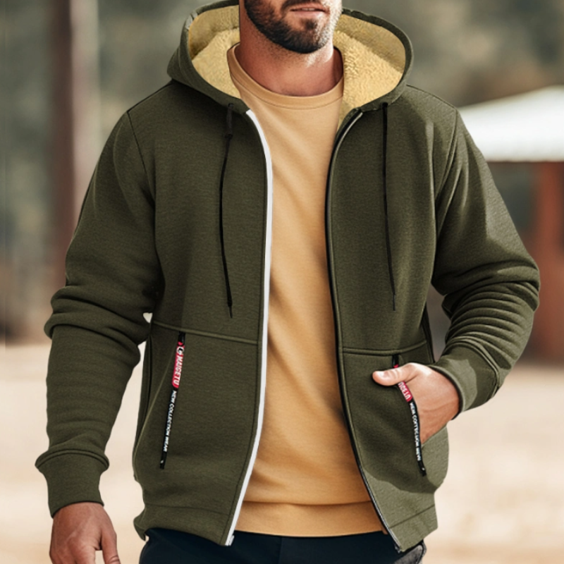 Giacca con cappuccio verde oliva da uomo, chiusura a zip, tasche frontali, interno foderato in pile, stile casual, perfetta per l'autunno.