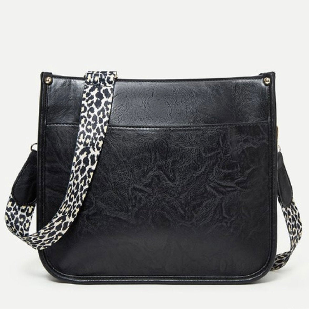 Borsa a tracolla in pelle nera con cinturino leopardato, design elegante e moderno, accessorio moda donna, perfetta per ogni occasione.