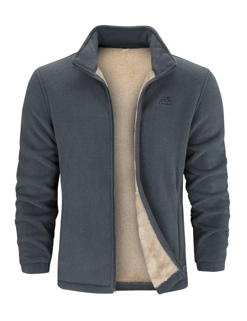 Giacca in pile grigio scuro da uomo, interno foderato in pelliccia sintetica beige, chiusura con zip, ideale per sport e outdoor.