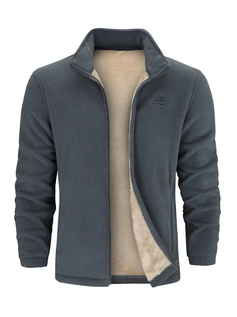 Giacca in pile grigio scuro da uomo, interno foderato in pelliccia sintetica beige, chiusura con zip, ideale per sport e outdoor.