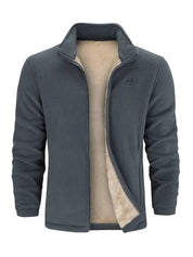 Giacca in pile grigio scuro da uomo, interno foderato in pelliccia sintetica beige, chiusura con zip, ideale per sport e outdoor.