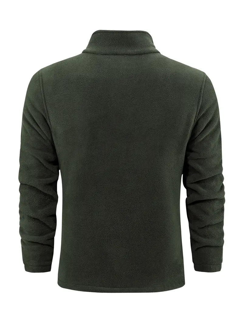 Giacca in pile verde scuro da uomo, maniche lunghe, collo alto, design casual, ideale per l'inverno e attività all'aperto.