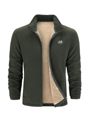 Giacca in pile verde scuro da uomo, con interno beige, zip frontale, logo sul petto. Ideale per sport e outdoor. Calda e confortevole.