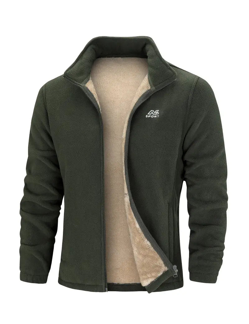 Giacca in pile verde scuro da uomo, con interno foderato in pelliccia sintetica beige, chiusura a zip, ideale per sport e outdoor.