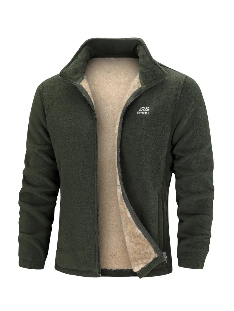 Giacca in pile verde scuro da uomo, con interno foderato in pelliccia sintetica beige, chiusura a zip, ideale per sport e outdoor.