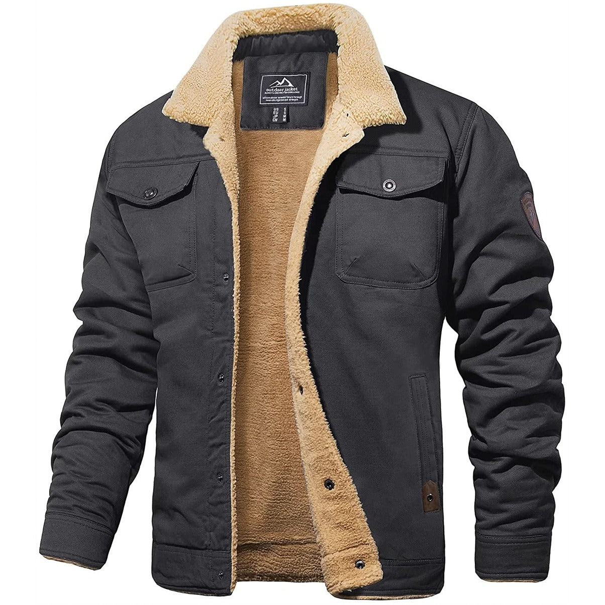 Giacca invernale uomo, foderata in pile, colore nero, con colletto in pelliccia sintetica, tasche frontali, ideale per climi freddi.