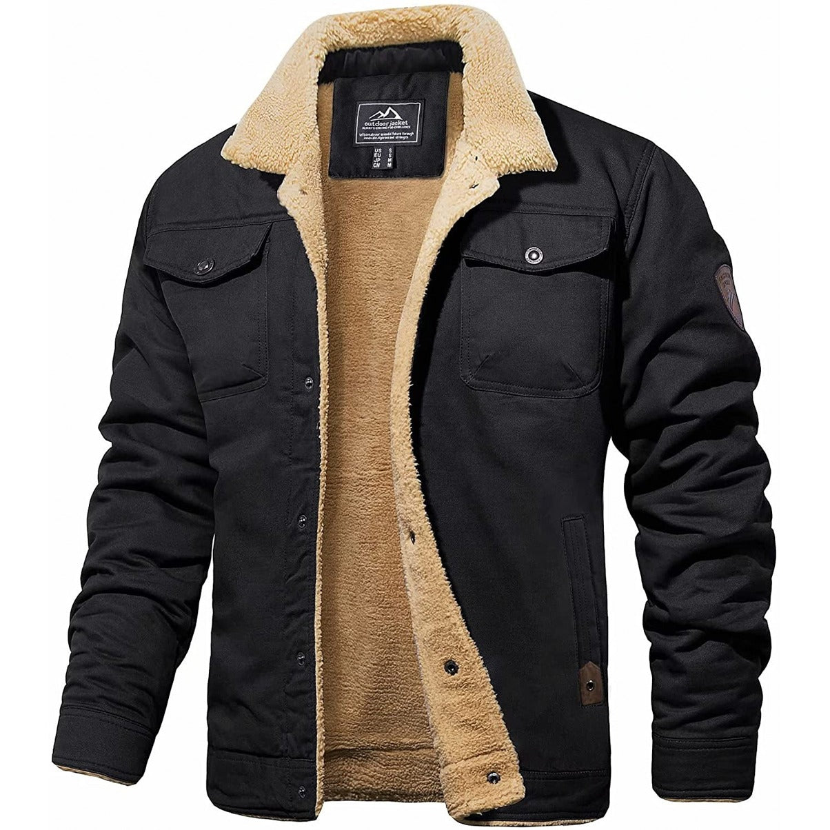 Giacca invernale da uomo nera con fodera in pelliccia sintetica beige, colletto a camicia, tasche frontali, ideale per climi freddi e casual.