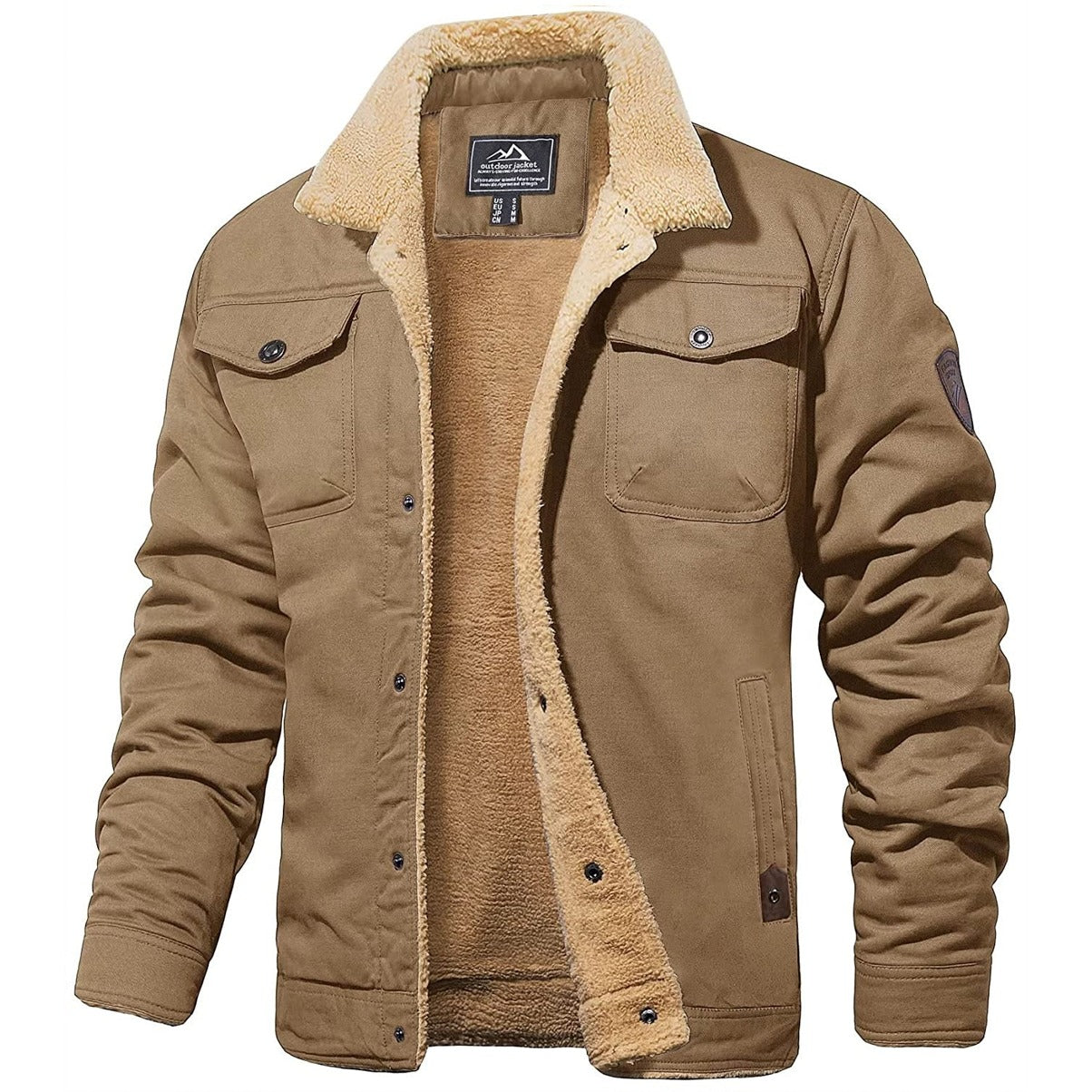 Giacca invernale uomo marrone con fodera in pelliccia sintetica, colletto a contrasto, tasche frontali, stile casual, ideale per climi freddi.