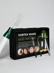 Set Vortex Wand per crescita capelli, include pettine e accessori in metallo, confezione nera con immagini dimostrative, stimolazione follicoli.