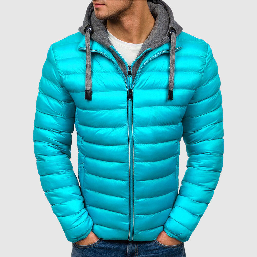 Giacca invernale uomo turchese con cappuccio grigio, imbottita, chiusura zip, stile casual, ideale per freddo, moda autunno inverno.