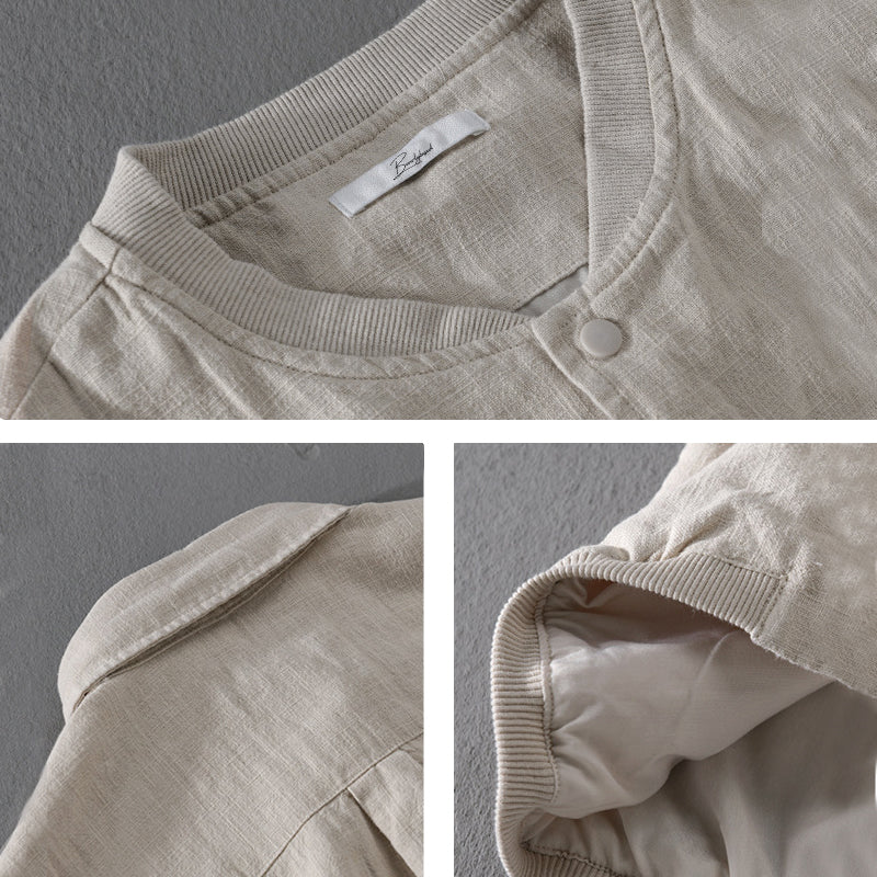 Giacca beige in lino, dettagli su colletto, manica e etichetta. Moda uomo, abbigliamento casual elegante, tessuto leggero e traspirante.