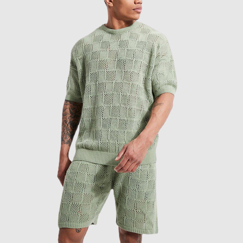 Set a maglia da uomo - Short traspirante -Sleved -top & Shorts - Gioometrica Texture Casual Wear-1
