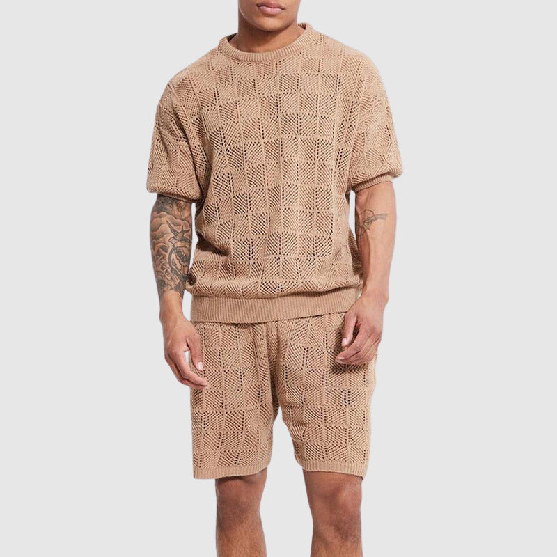  Set a maglia da uomo - Short traspirante -Sleved -top & Shorts - Gioometrica Texture Casual Wear-3