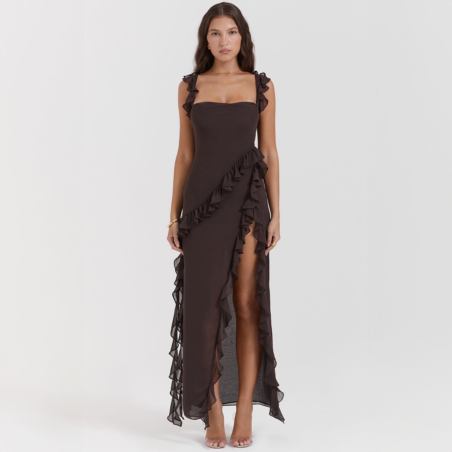 Elegantissimo Vestito Lungo Giorgia con Volant e Sottile Apertura