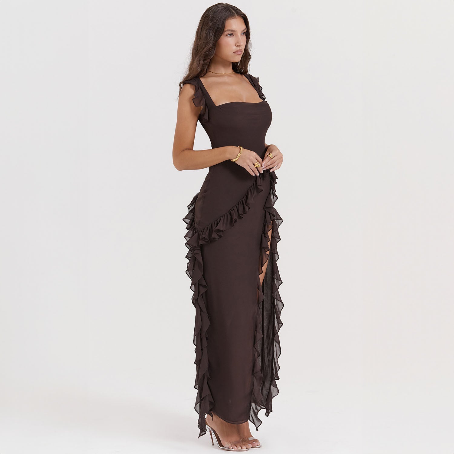 Elegantissimo Vestito Lungo Giorgia con Volant e Sottile Apertura